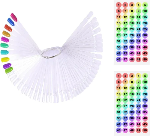 Vista 8 de 100 piezas de palillos de muestra de uñas en forma de abanico con pegatinas numeradas, puntas de uñas de práctica, rueda de exhibición