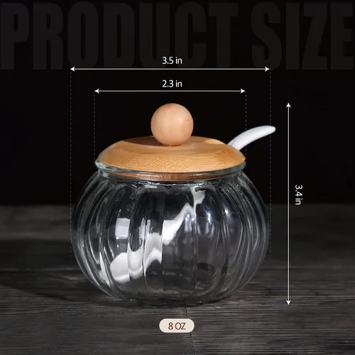 Vista 2 de Bodega de sal, recipiente de vidrio de 8 onzas / 8.5 fl oz con tapa de bambú, lindo tarro de condimento de calabaza, recipiente de almacenamiento