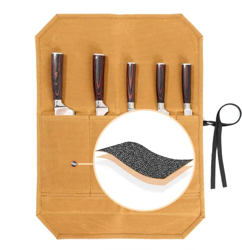 Vista 14 de Bolsa para cuchillos de chef, rollo para cuchillos con 4 ranuras, forro de tela especializado resistente a cortes, lona encerada resistente de 16