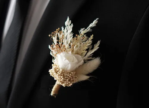 Vista 13 de Flores secas de hierba de las pampas blancas, ramo de flores secas rústicas, pin de solapa para mujeres/novio (B10)