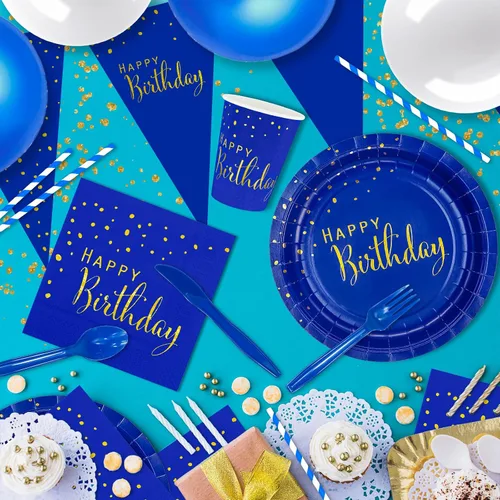 Vista 4 de DYLIVeS Paquete de 204 piezas de decoraciones de cumpleaños azules, puntos de aluminio azules y dorados, suministros de fiesta de feliz cumpleaños