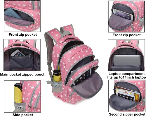 Vista 3 de JiaYou Mochila escolar con estampado de huellas de perro para adolescentes, niñas, estudiantes de escuela primaria, Morado 3pcs, Mochilas Daypack