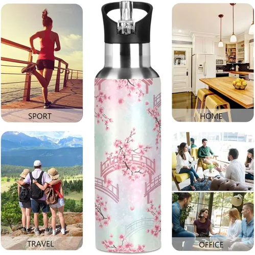 Vista 5 de BPA-Free Sports Water Bottle with Straw 32 Oz, Insulated Stainless Steel Water Bottle with Straw for Gym Outdoor Travel School, Cherry Blossom