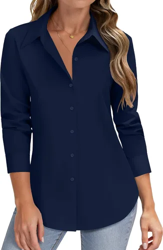 Vista 16 de HOTOUCH Camisas de manga larga con botones para mujer, camisas de vestir con protección contra manchas, ajuste delgado, blusas de trabajo, oficina