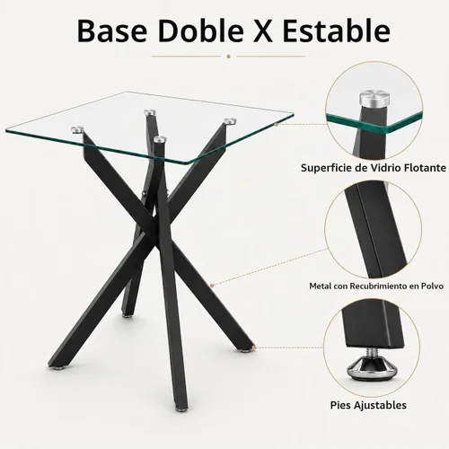 Vista 5 de Mesa auxiliar moderna de cristal, mesa auxiliar cuadrada para sofá, mesa auxiliar negra con parte superior de vidrio templado transparente y patas