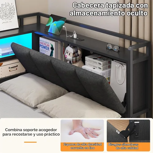 Vista 4 de Marco de cama de esquina doble con 4 cajones, estantería y cabecero de Negro