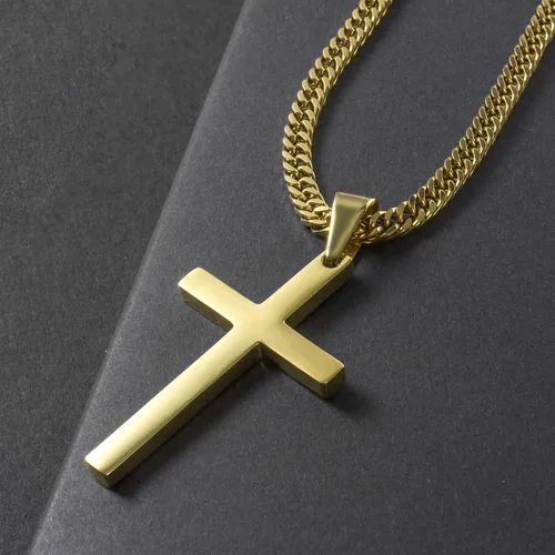 Vista 9 de Tuewut Collar de cruz para hombre collar con colgante de cruz lisa de acero inoxidable y oro plateado para hombre cadena cubana de 18 a 26 pulgadas