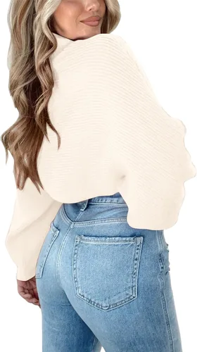 Vista 2 de KIRUNDO Suéter de punto de cuello alto corto para mujer, manga murciélago, suéter Y2K casual suelto