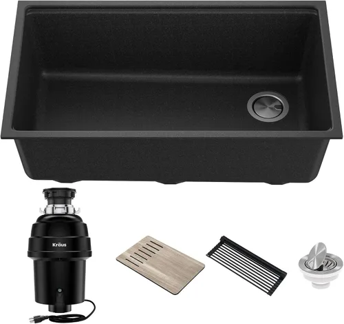 Vista 18 de KRAUS Bellucci Fregadero de cocina de granito con estación de trabajo empotrado de 30 pulgadas en negro metálico con accesorios, KGUW2-30MBL