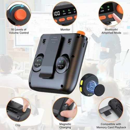 Vista 4 de Amplificador de voz inalámbrico con micrófono de solapa inalámbrico, megáfono de altavoz portátil con clip de solapa de doble solapa micrófono