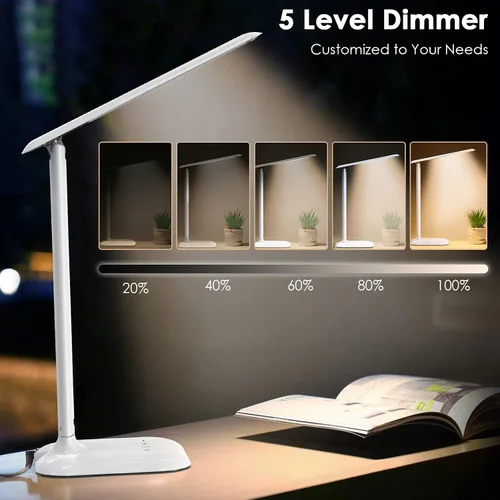 Vista 3 de Lámpara de escritorio LED, luz de escritorio con puerto de carga USB, 3 modos de color, 5 niveles de brillo, lámpara de mesa regulable, lámpara