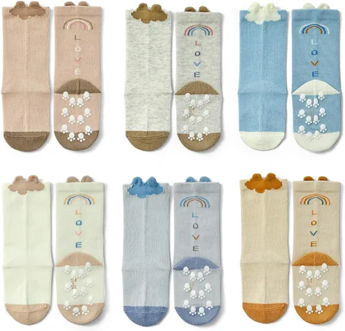 Vista 8 de Moon Tree Calcetines antideslizantes para bebés y niñas, calcetines de rodilla con puños para bebés, calcetines antideslizantes de algodón