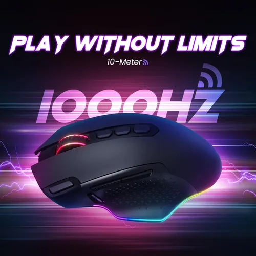 Vista 5 de WEEMSBOX Ratón inalámbrico para juegos, mouse ergonómico recargable RGB para PC, con 9 efectos de iluminación RGB de hasta 10000 DPI, 10 botones
