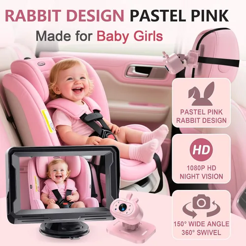 Vista 2 de AMTIFO Cámara de coche para bebés para niñas: Cámara de asiento trasero HD 1080P con visión nocturna IR - Instalación Plug & Play Monitor de 4.3