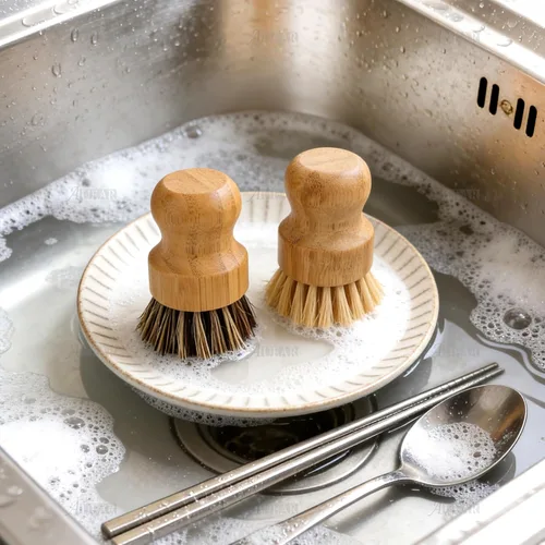 Vista 5 de AUEAR, Cepillo de bambú natural para fregar platos, cepillos de limpieza para ollas, cerdas de coco para sartenes de hierro fundido