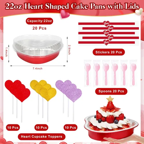 Vista 3 de 20 Pack 22oz Heart Shaped Cake Pans with Lids,Aluminum Foil Heart Baking Cups,Disposable Ramekins Liners Tins for Valentine's Day