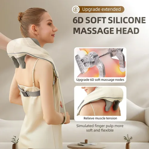 Vista 2 de Masajeador Shiatsu inalámbrico de cuello y hombros con calor - Masaje de amasamiento 6D, alivio del dolor de tejido profundo para trapecio, Beige-PVC