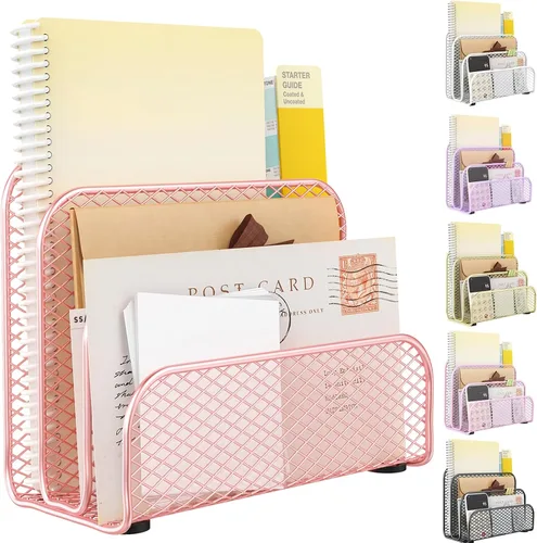 Vista 9 de gianotter Organizador de correo de encimera, soporte de archivos de metal con 3 ranuras, organizador de facturas para recibos de oficina y Negro
