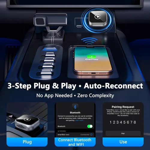 Vista 7 de Adaptador inalámbrico CarPlay actualizado 2025 para iPhone Ultra-Mini Metal, convertido con cable a inalámbrico, conexión estable rápida Bluetooth