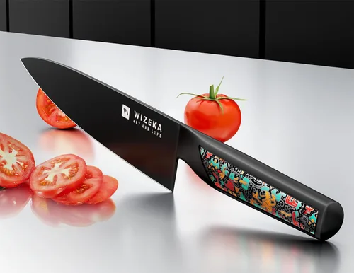Vista 2 de WIZEKA Cuchillo de cocinero: 8 pulgadas: Cuchillo de cocina extremadamente afilado: acero inoxidable de alto carbono de espiga completa: cuchillo