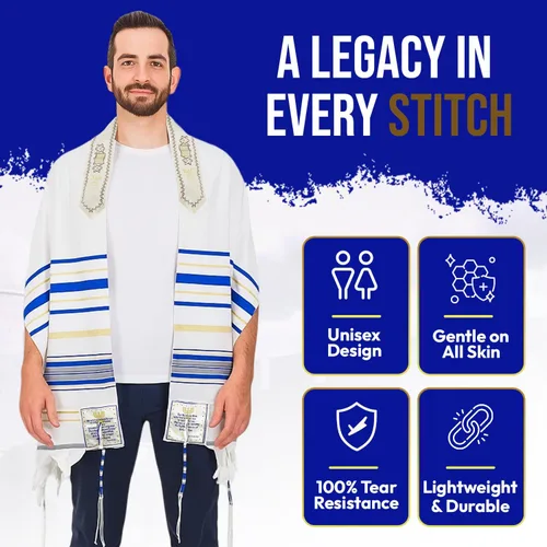 Vista 6 de Holy Land Market Mantón mesiánico de oración Tallit azul reydorado con bolsa, tarjeta y folleto a juego de Israel