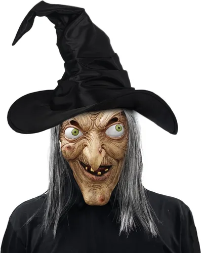 Vista 2 de EraSpooky Máscara de bruja para mujer, disfraz de Halloween, máscaras de látex de cabeza completa con pelo