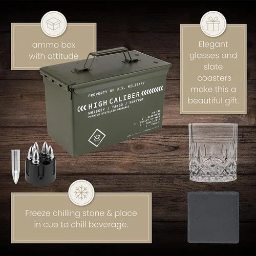 Vista 4 de Titan LSO Vasos y piedras de whisky en caja táctica única Copas de cóctel Bourbon, posavasos y pinzas Regalos para hombres Juego de vasos