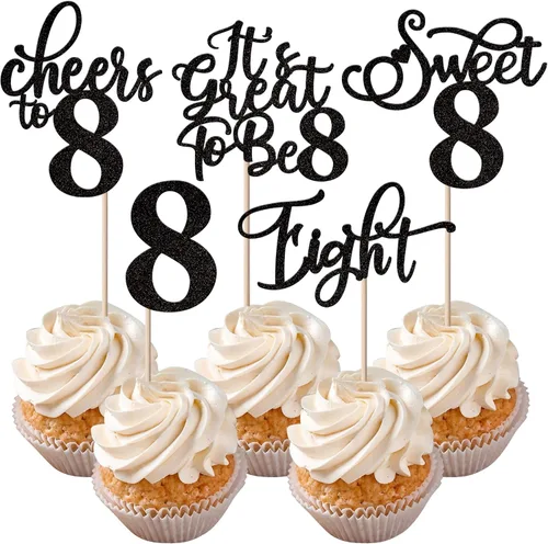 Vista 17 de Rsstarxi Paquete de 30 adornos para cupcakes de 6º cumpleaños con purpurina negra de seis Hello 6 para cupcakes Cheers to 6 años de edad