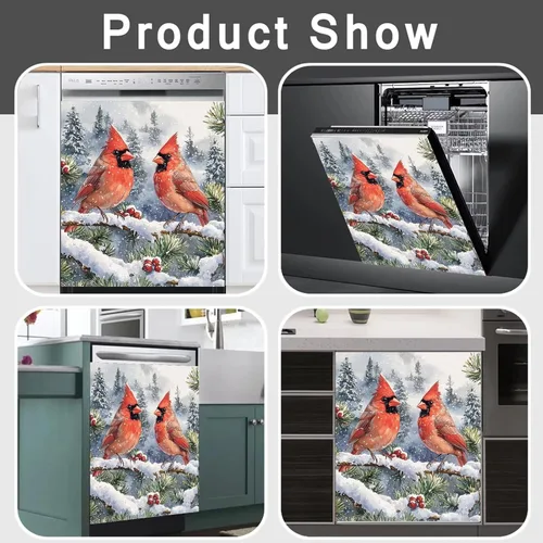 Vista 3 de Adhesivo magnético para lavavajillas de invierno, diseño de pájaros rojos para cocina, cubierta de lavavajillas, reutilizable, para panel
