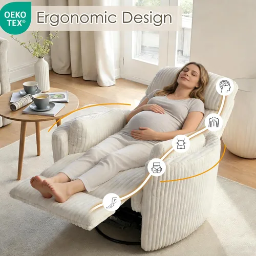 Vista 11 de Mecedoras cómodas con respaldo alto 360 giratorias, mecedoras reclinables con 2 almohadas, silla reclinable para adultos, espacios pequeños Beige