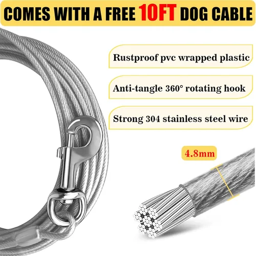 Vista 3 de Estaca de amarre para perro resistente con cable de perro de 10 pies para perros grandes de hasta 150 libras, estaca espiral para perro