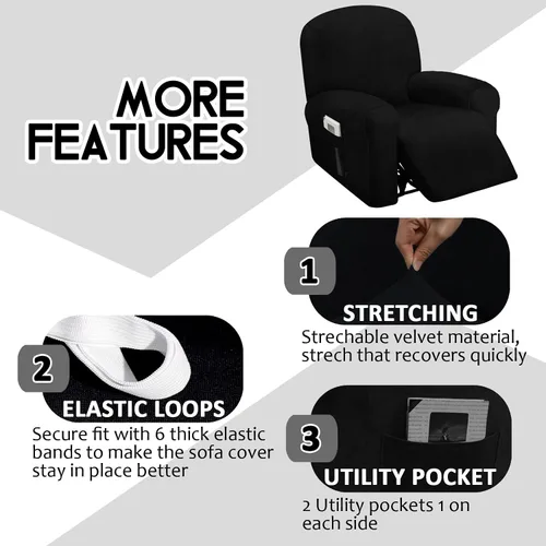 Vista 4 de ULTICOR Funda reclinable de terciopelo para sofá reclinable de 4 piezas, 1 asiento, fundas elásticas de terciopelo para sofá reclinable de 1 cojín