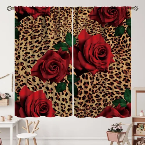 Vista 16 de Cortinas de leopardo con estampado de flores de guepardo y rosas de África, con bolsillo para cortinero, para dormitorio, sala de estar, decoración
