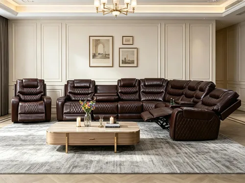 Vista 59 de Juego de sofá seccional reclinable de cuero, sofá seccional con 4 sillones reclinables Juegos de muebles de sala con 3 reclinables, luz LED