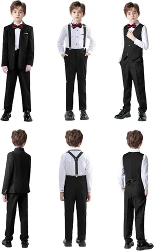 Vista 3 de Trajes negros para niños, traje ajustado formal para niños pequeños, 7 piezas, chaleco, pantalones de vestir, blazer, traje de portador de anillo