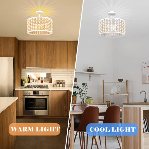 Vista 4 de Candelabro Bohemio de Cuentas de Madera Blanca - Moderna Lámpara de Techo para Guardería, Luz de Montaje Semiempotrado con Cuentas, Luces
