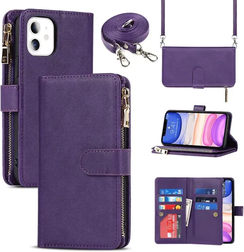 Vista 9 de Funda cruzada para iPhone 11 con correa, 6.1 pulgadas, color negro for Women Men,Credit Card Holder,9 Card Slots,Purse,Long Shoulder Lanyard,Short