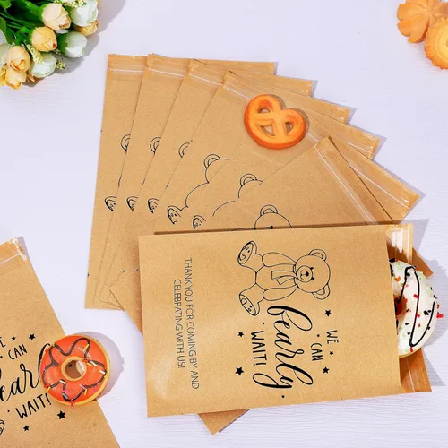 Vista 5 de AnyDesign Paquete de 100 bolsas autoadhesivas de papel kraft para baby shower, con texto en inglés "We Can Bearly Wait", bolsas de papel kraft