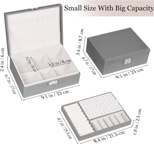 Vista 2 de Joyero para mujeres y niñas, contenedor organizador de joyas de 2 capas con cerradura, estuche de almacenamiento de piel sintética con bandeja