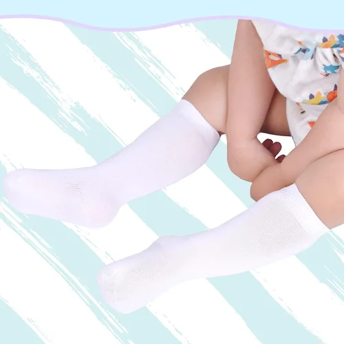 Vista 3 de Mini angel Calcetines altos hasta la rodilla para bebé, calcetines de algodón sin costuras para recién nacidos, niños y niñas, 3 pares