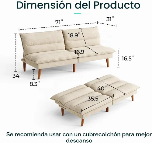 Vista 3 de LINSY Sofá cama futón de pana de 71 pulgadas con respaldo ajustable, futones plegables convertibles para espacios pequeños, salas de estar Beige