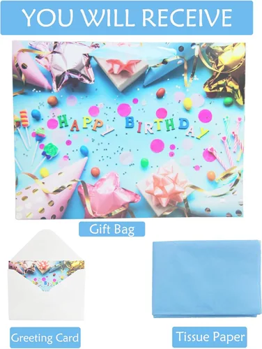 Vista 3 de LivebyCare Bolsas grandes de regalo de cumpleaños de 13 pulgadas con papel de seda y tarjeta, perfectas para bolsas de regalo para bebés, niños