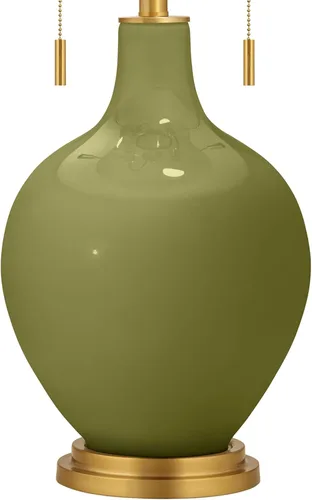 Vista 3 de Color + Plus Toby - Lámpara de mesa de cristal moderna de 28 pulgadas de alto, cadena de tirón, acabado de latón verde y dorado, tela única