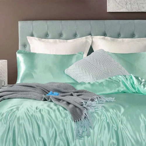 Vista 3 de Juego de edredón 100% satén de seda pura con 2 fundas de almohada, sin arrugas, resistente a la decoloración, una funda de edredón de satén de seda