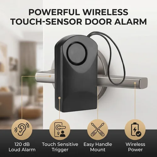 Vista 3 de Alarma de manija de puerta, alarma de perilla de puerta, alarma de seguridad para el hogar, sensor de puerta táctil, 120 db, alarma de seguridad