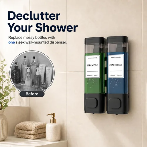 Vista 2 de Dispensador de champú y acondicionador – Dispensador de jabón de ducha montado en la pared, instalación sin taladro, con cerradura, capacidad de 900