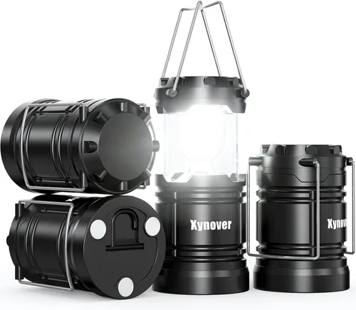Vista 9 de Paquete de 4 linternas solares para campamento, LED recargables con batería USB/solar/AA, base magnética, gancho para colgar, plegable, impermeable