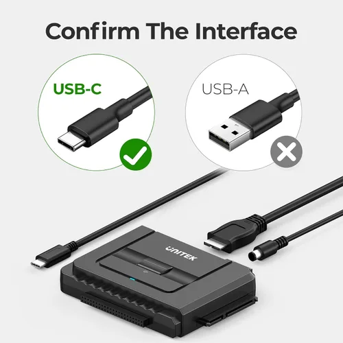 Vista 6 de Kit de adaptador de disco duro externo conversor de Unitek USB C a IDE y SATA para discos duros/SSD de 2.5/3.5 pulgadas universales, función
