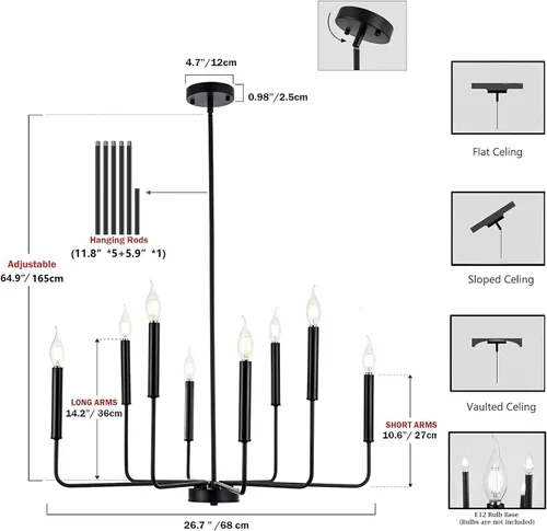 Vista 5 de WOKNOS Candelabros modernos negros de granja, 8 luces industriales de metal, lámparas colgantes clásicas para cocina, dormitorio, comedor, sala