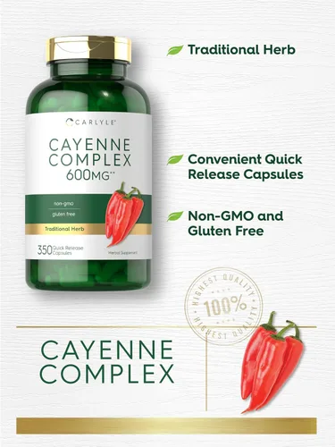 Vista 4 de Carlyle Cápsulas de Pimienta Cayena 350 Pastillas Suplemento de extracto sin OMG y sin gluten
